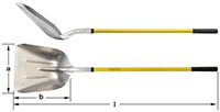 Horizontal image of a long yellow fiberglass handled shovel with a large scoop blade from two different angles. The first angle is a side view, and the second one is a top view.  AMPCO is written on the yellow handle, just above the blade neck.